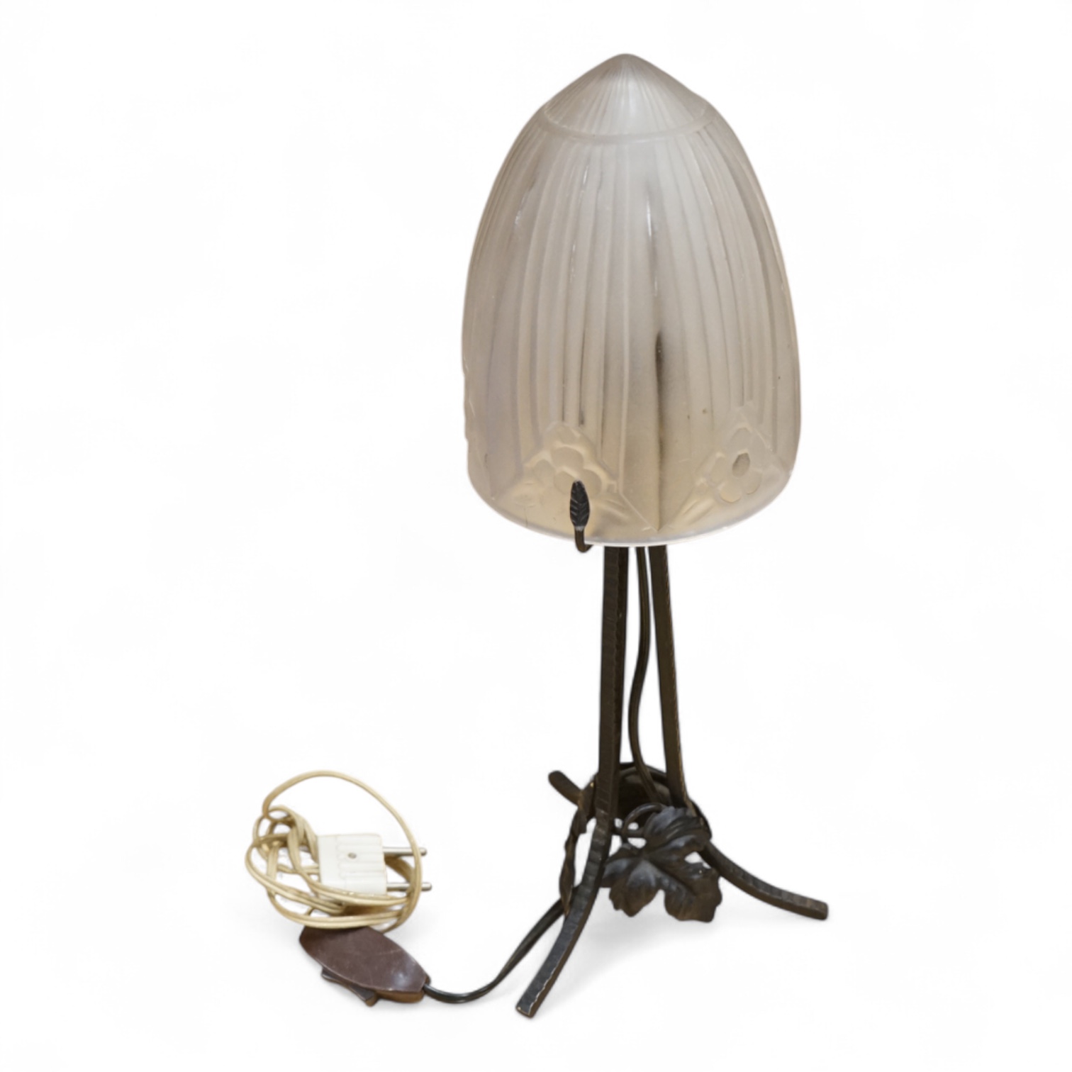 A French Art deco wrought Iron table lamp with mushroom glass shade, 34cm high